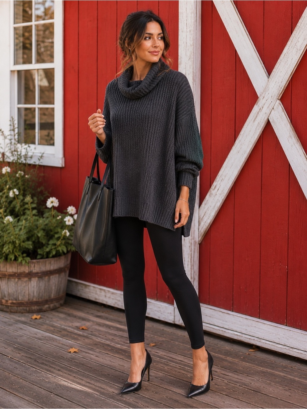 Cozy Charcoal Cowl-Neck Poncho Sweater